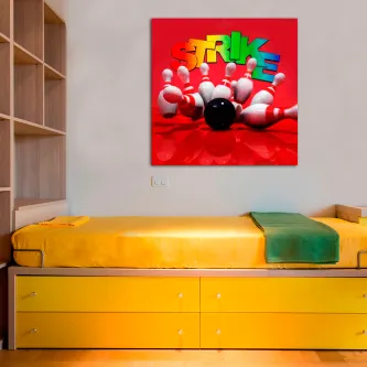 Quadro Strike com bola preta de bowling e pinos tombados sobre fundo vermelho