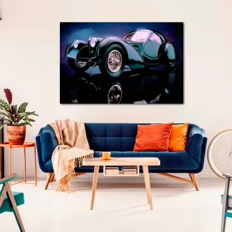 Carro antigo azul reluzente com reflexo, quadro pendurado numa sala