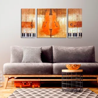 Tríptico de parede com violino estilizado e teclas de piano em tons laranja