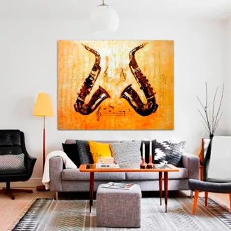 Quadro Sopro Musical com dois saxofones espelhados em fundo laranja