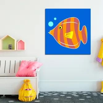 Quadro peixinho com peixe listrado amarelo e laranja sobre fundo azul