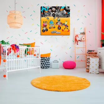 Quarto infantil com quadro 'Robots Sorridentes' colorido pendurado na parede