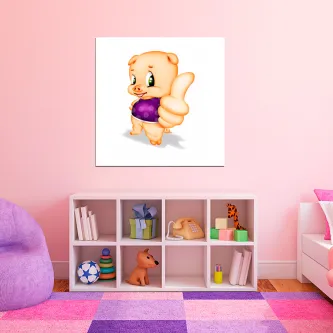 Quadro com porquinha sorridente de vestido roxo na parede de quarto infantil
