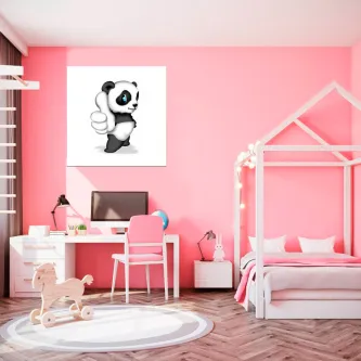 Quadro com panda cartoon a dar polegar para cima sobre fundo branco num quarto rosa