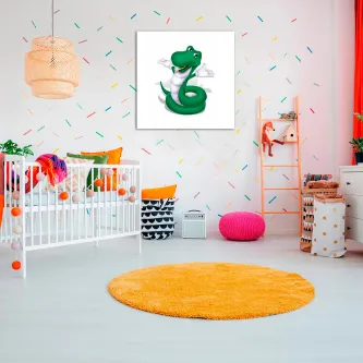 Quadro Boa Serpente com ilustração de cobra verde num quarto infantil