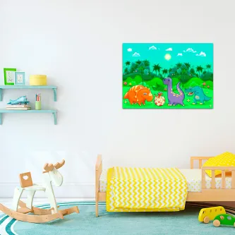Quadro colorido com dinossauros numa parede de quarto infantil