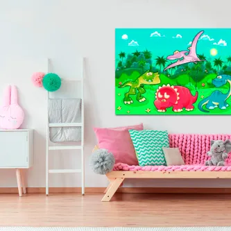 Quadro com dinossauros coloridos a brincar numa paisagem verde infantil