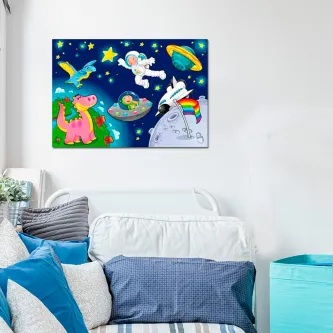 Quadro galáxia com astronauta, dinossauro rosa, disco voador, planeta e estrelas