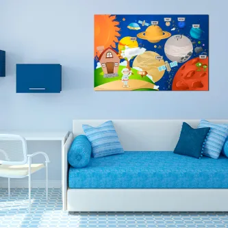 Quadro colorido com planetas e astronauta em estilo infantil