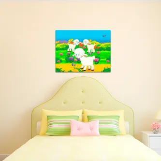 Quadro com três ovelhinhas num prado colorido