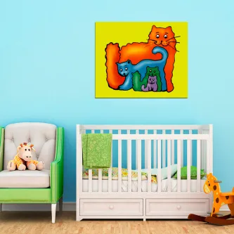 Quadro gatinhos com três gatos coloridos e estilizados sobre fundo amarelo