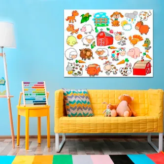 Quadro Fazenda com ilustrações coloridas de animais e celeiro num quarto juvenil