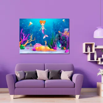 Quadro pequena sereia com menina sereia a nadar sobre recife marinho colorido