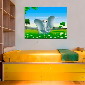 Quadro Elefante Simpático na parede sobre cama amarela
