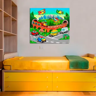 Quadro veículos com ilustração colorida de carros, autocarro e avião numa estrada