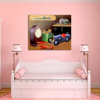 Quadro brinquedos antigos com carro, avião, relógio e elefante