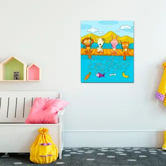 Quadro colorido com animais a pescar num cais e peixes a nadar