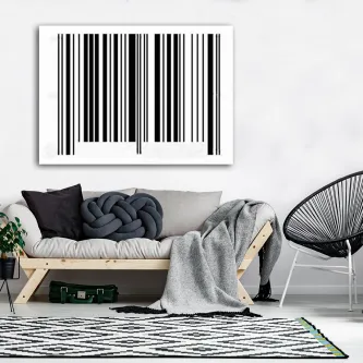 Quadro código de barras emoldurado sobre sofá moderno