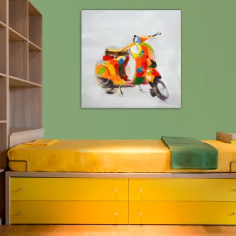 Quadro com pintura de uma Vespa colorida sobre fundo claro