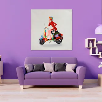 Quadro 'Chica Rebelde' com mulher colorida em scooter