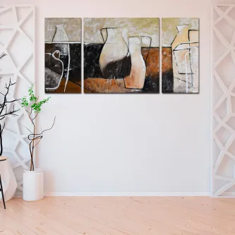 Quadro castanho sem brilho com três painéis e jarras abstratas em tons terrosos