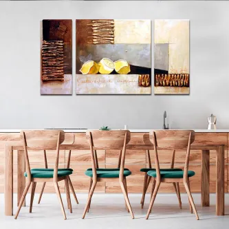Quadro de três painéis com limões sobre fundo abstrato