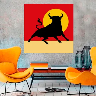 Silhueta de touro negro a correr sobre fundo vermelho com sol amarelo