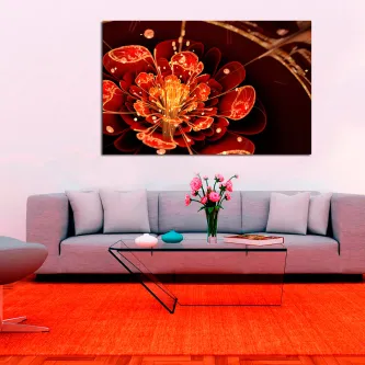 Quadro digital com flor vermelha e laranja sobre sofá cinzento numa sala moderna