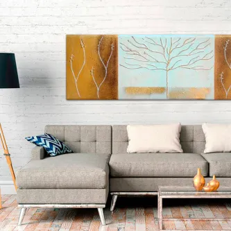 Quadro Golden Tree com árvore dourada estilizada em painel turquesa e laterais bronze