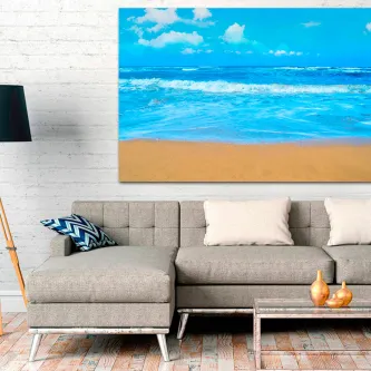 Quadro Transparecer, quadros paisagens, paisagem marítima com praia e sofá cinzento