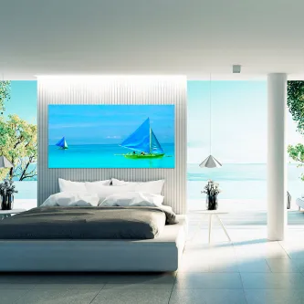 Quarto moderno com quadro catamaran azul sobre a cama