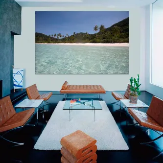 Quadro de praia com águas cristalinas, areia branca e palmeiras num cenário tropical