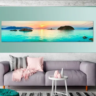 Quadro Paz do Mar, paisagem marinha ao pôr do sol com ilhéus e água turquesa