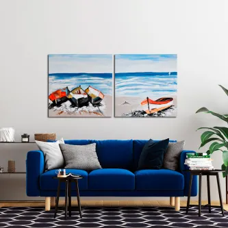 Quadro com quatro barcos na areia frente ao mar em duas telas