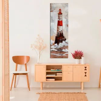 Quadro de farol vermelho sobre rochas com ondas, pintura vertical pendurada na parede