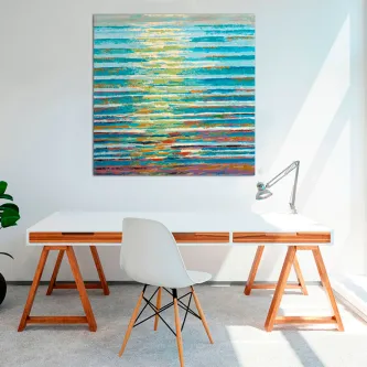 Quadro reflexos de mar com riscas horizontais coloridas que evocam reflexos na água
