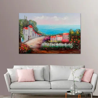 Quadro paisagem da costa com casas brancas e mar azul