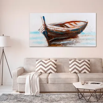 Quadro de barco pequeno na praia com tons azuis e castanhos