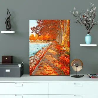 Quadro bancos de jardim com caminho ribeirinho outonal e folhas vermelhas