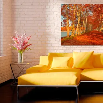 Quadro Outono a Chegar com paisagem de árvores e caminho coberto de folhas
