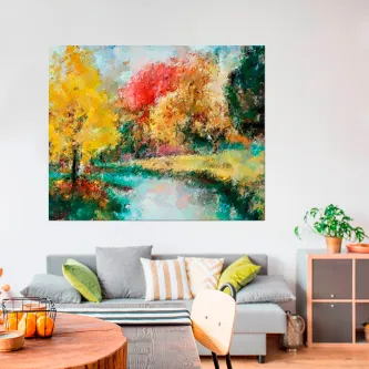 Quadro Rio em Desfoque, paisagem de rio com árvores outonais em estilo desfocado
