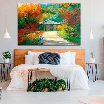 Quadro coreto, paisagem de coreto num parque outonal com caminho e árvores coloridas