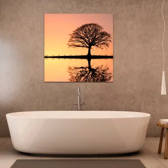 Árvore em silhueta ao pôr do sol refletida na água