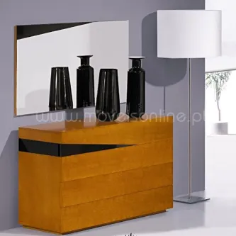 Cómoda Class One laranja com espelho moldurado e três vasos pretos no tampo