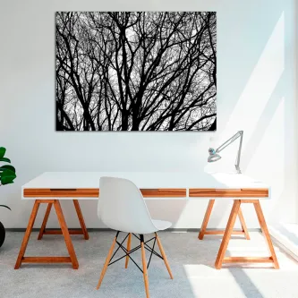 Quadro Raízes com ramos entrelaçados a preto e branco sobre uma secretária