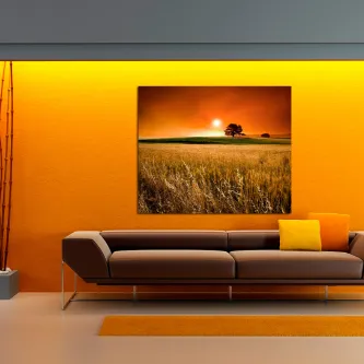 Quadro campo de cereais com trigo dourado ao pôr-do-sol e árvore no horizonte