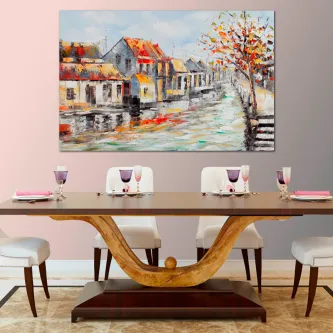 Quadro Casitas com casas coloridas junto a canal e reflexos na água