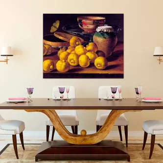 Quadro 'Bancada Desarrumada' com natureza morta de limões e peças de cerâmica