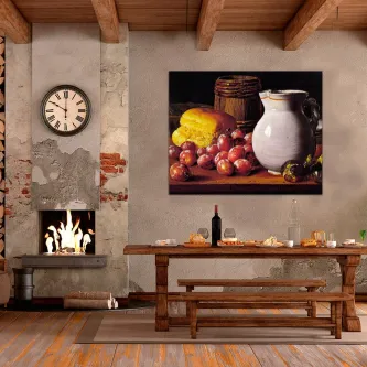 Quadro com pão, uvas e cântaro sobre mesa rústica