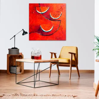 Quadro com fatias de melancia estilizadas sobre fundo vermelho texturado